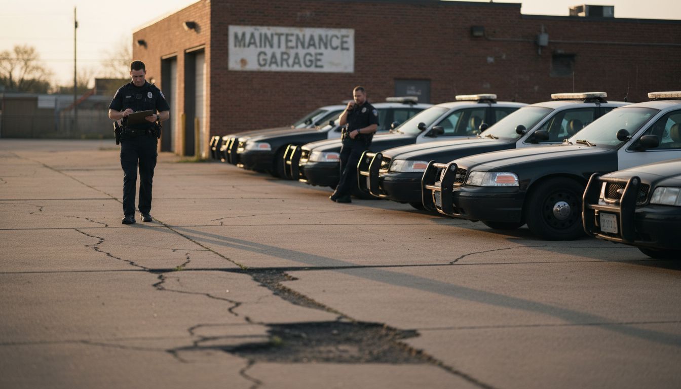 Police fleet vehicles and activity in parking lot
