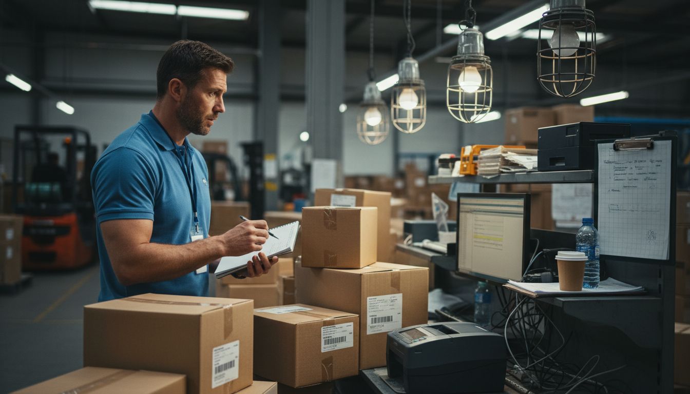 Logistics manager checking shipping inventory in warehouse