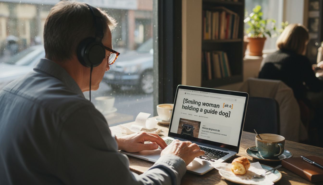 Person using screen reader laptop in café