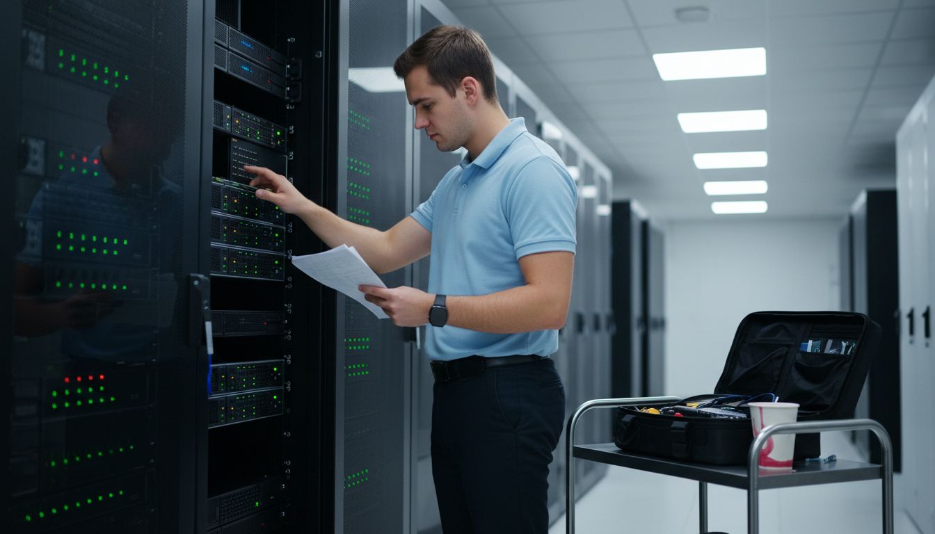 Technician checking server racks for website security