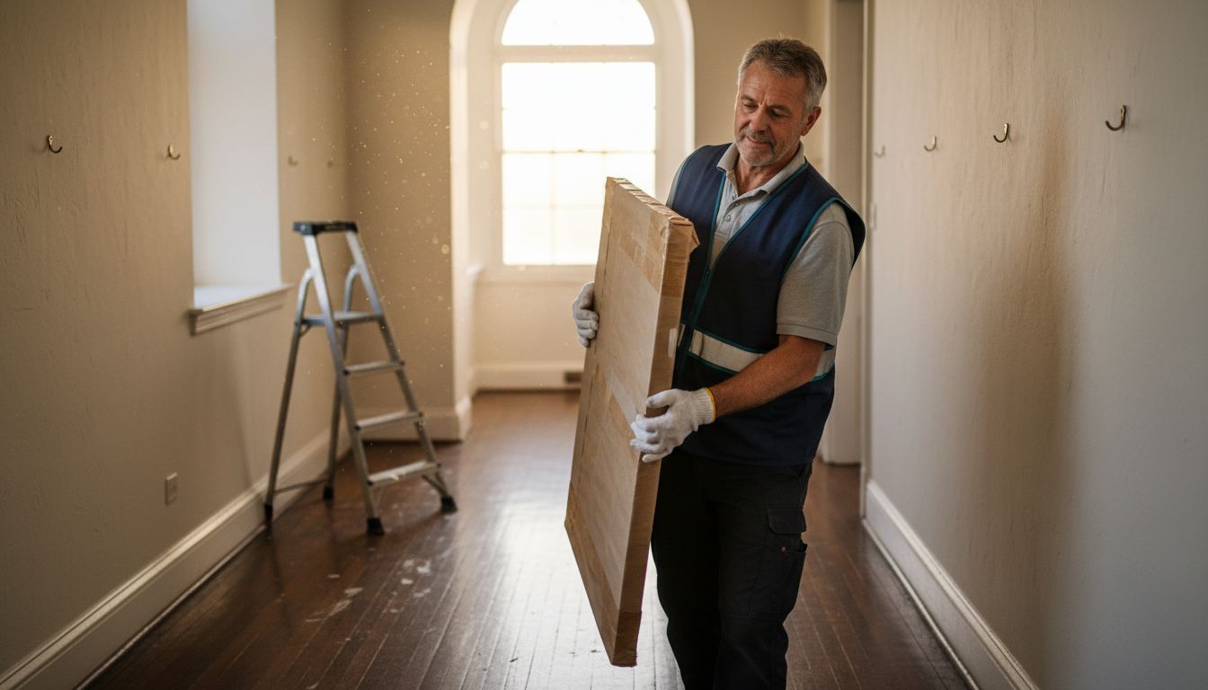 Technician carrying protected artwork into gallery