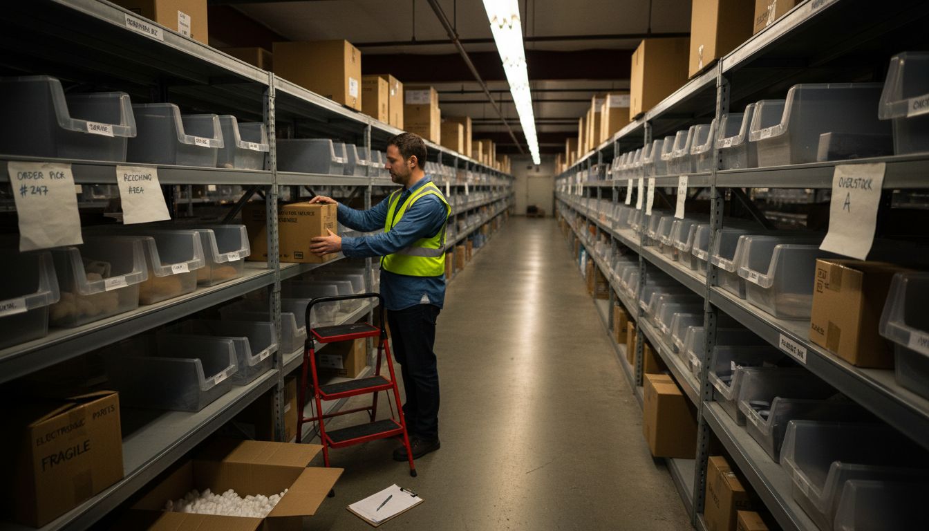 Worker organizing inventory in warehouse aisle