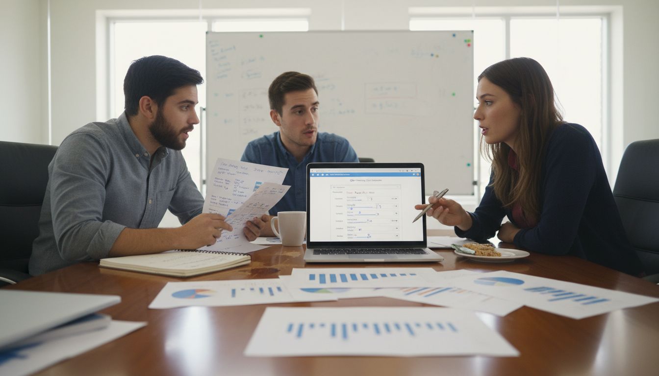 Team comparing hosting costs around table