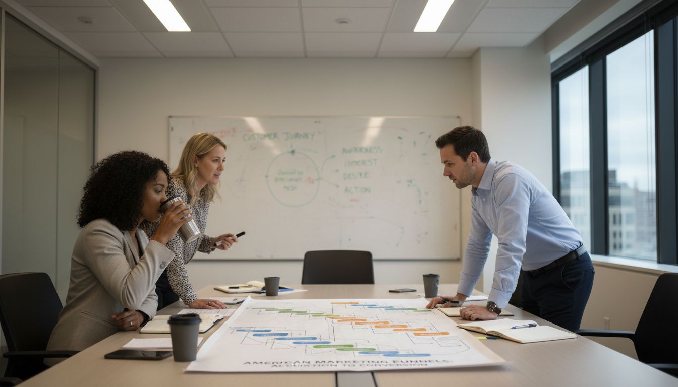 Team discussing marketing funnel types