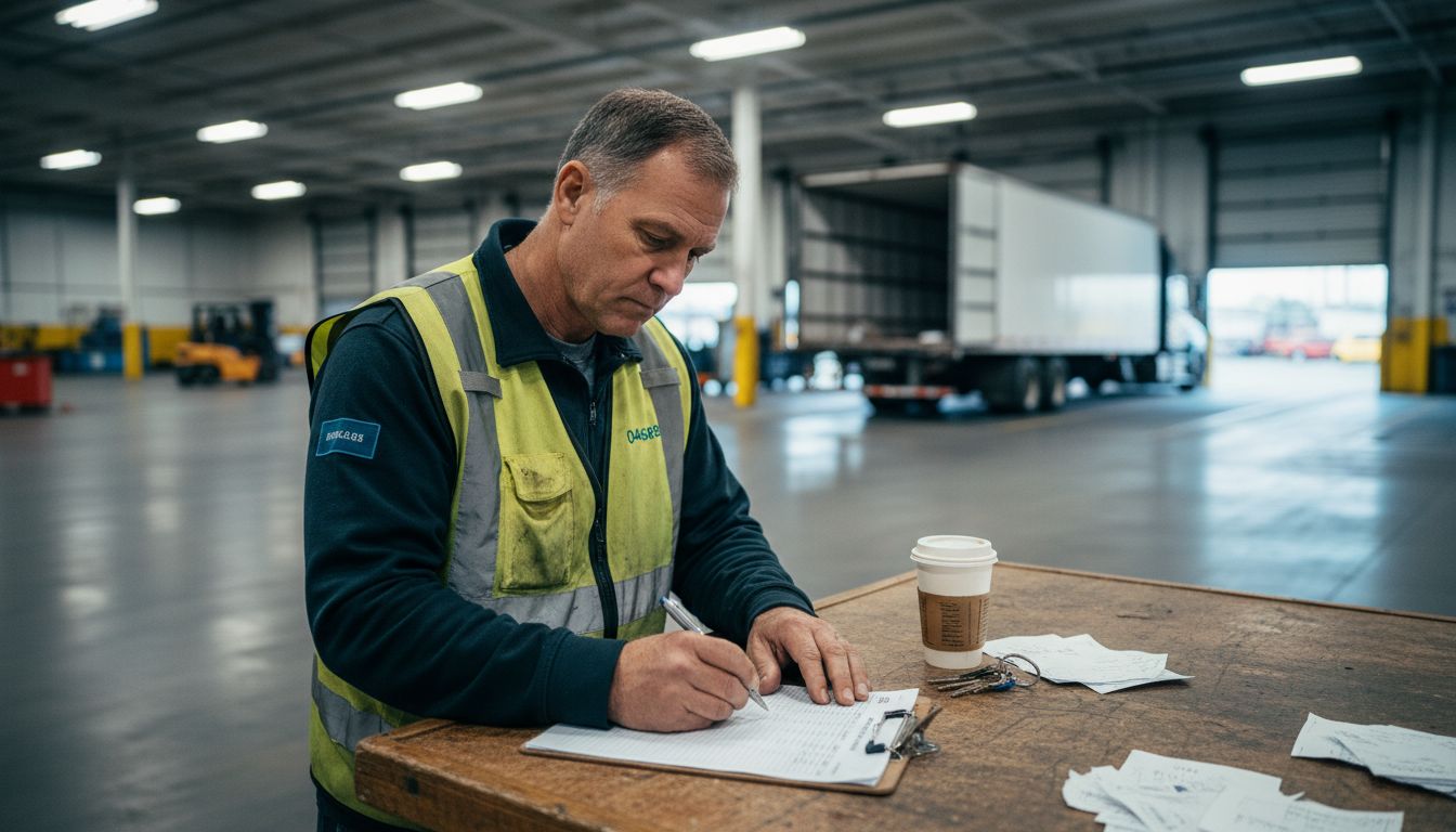 Warehouse manager tracking inventory with clipboard