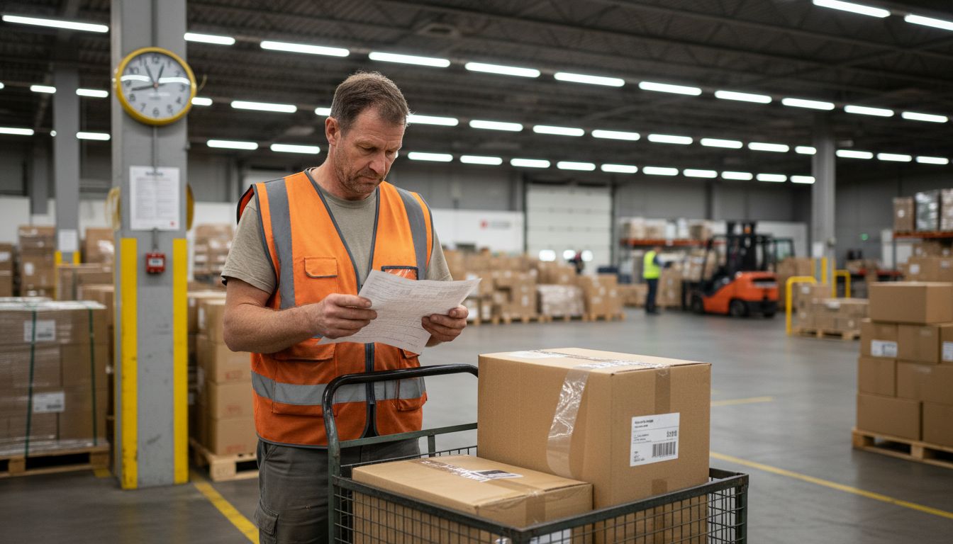 Worker prepares ecommerce shipments in warehouse