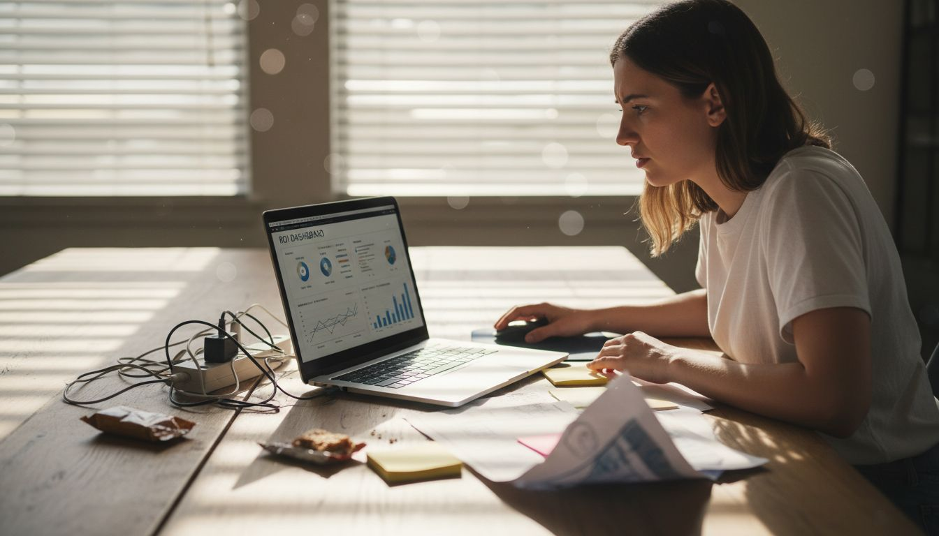 Analyst working on campaign ROI laptop