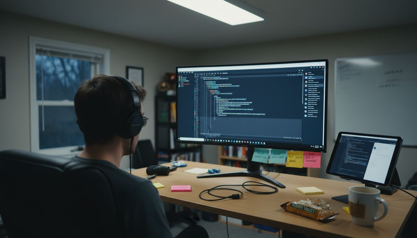 Web developer reviewing code on monitor