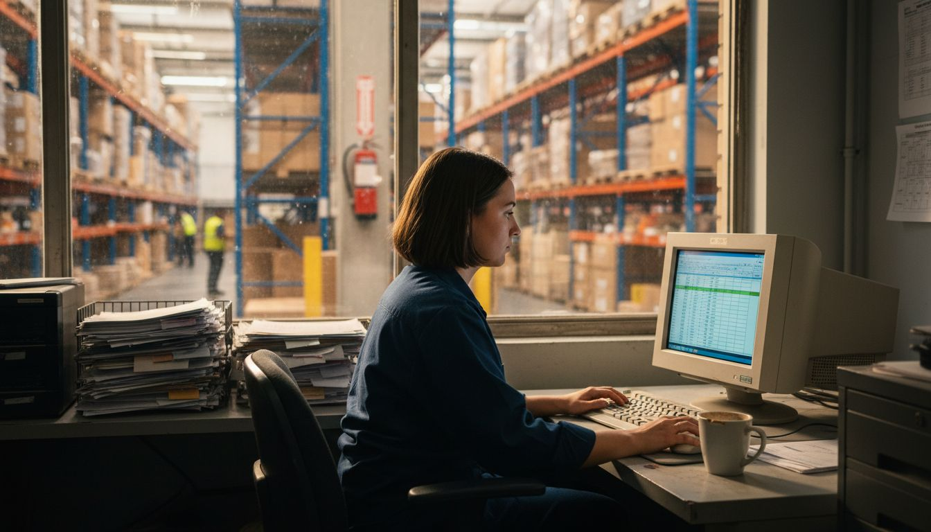 Warehouse manager preparing regulatory documents