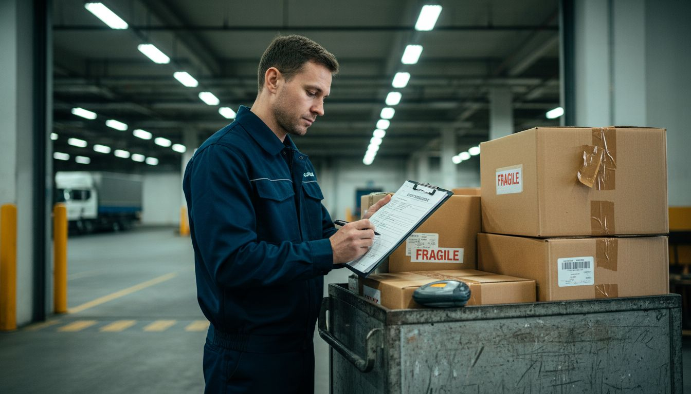 Courier double-checking export shipment paperwork