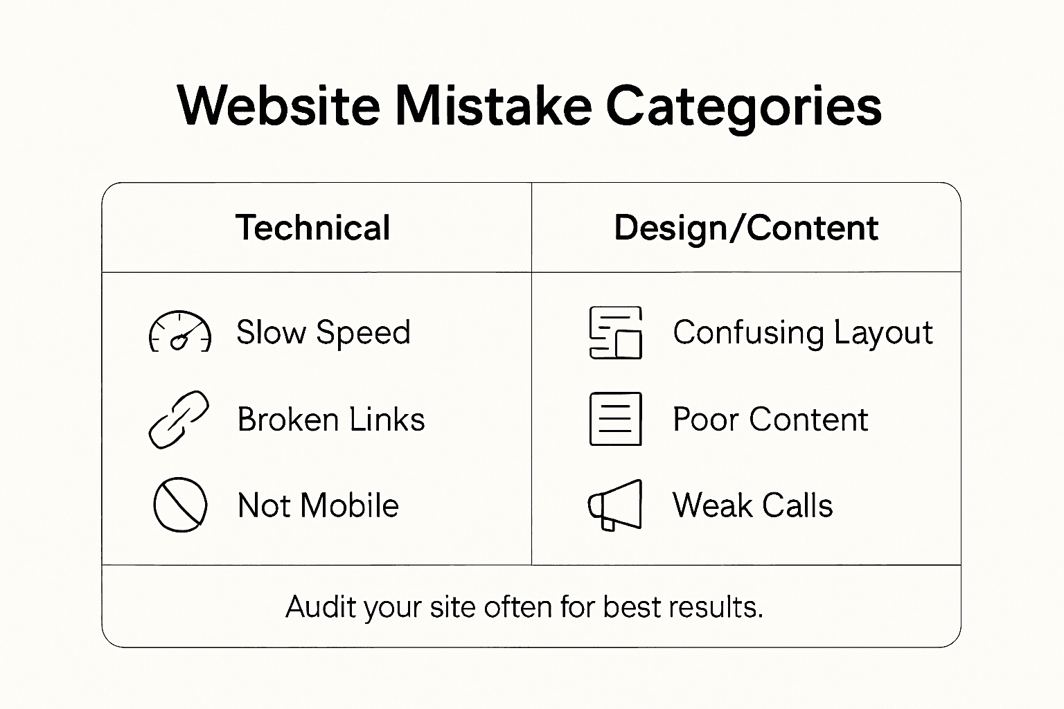 Infographic showing website mistake types and effects