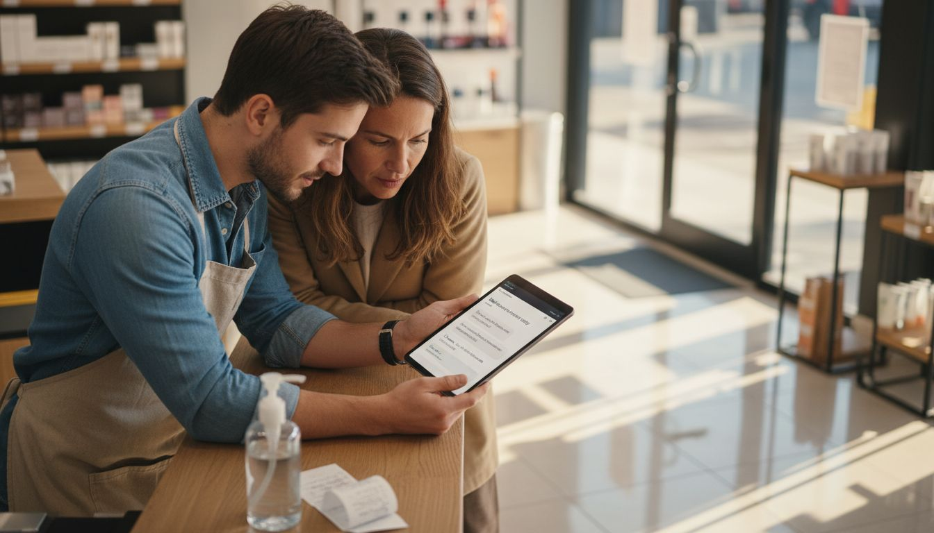 Retail staff demonstrating chatbot to customer