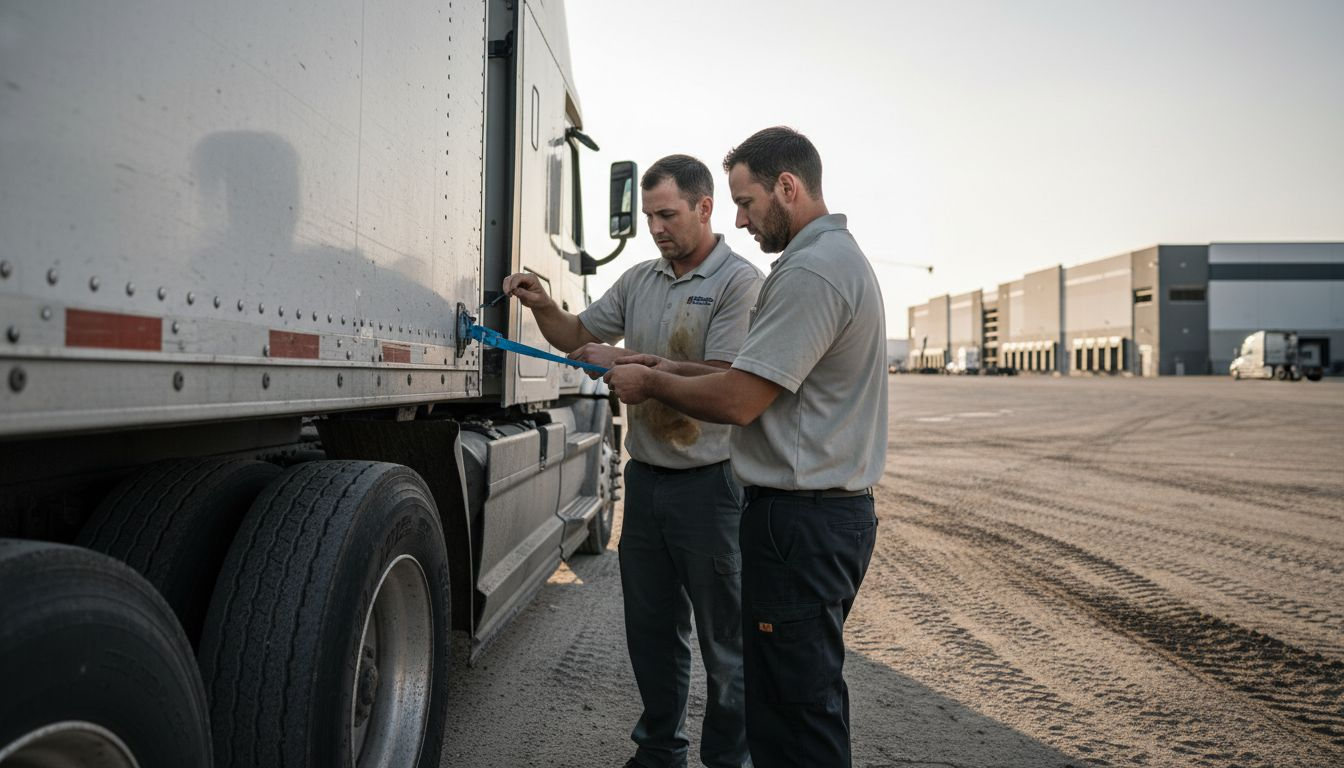 Delivery drivers inspecting truck cargo seal
