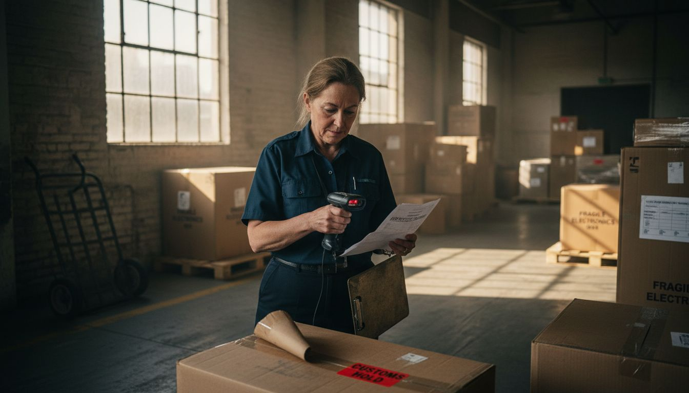 Customs officer inspects imports in warehouse