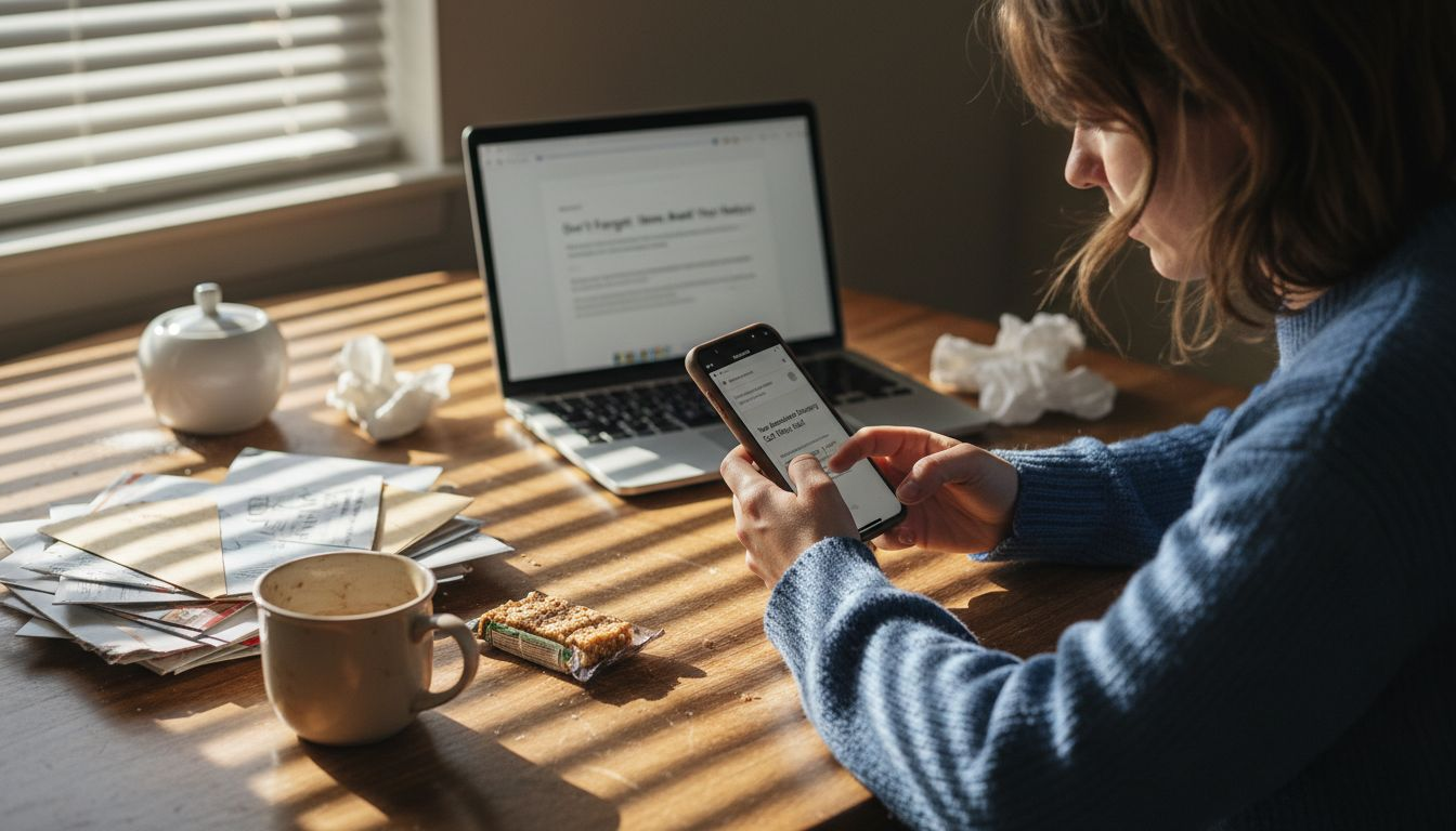 Woman reading abandoned cart email at home