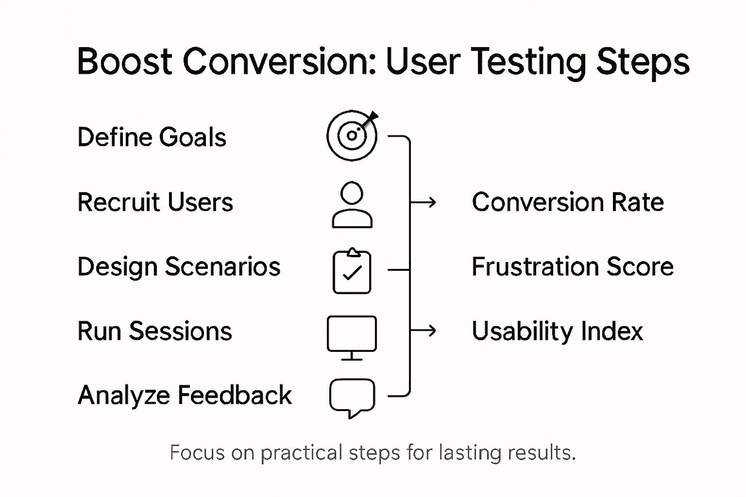 Infographic summarizing user testing steps and metrics