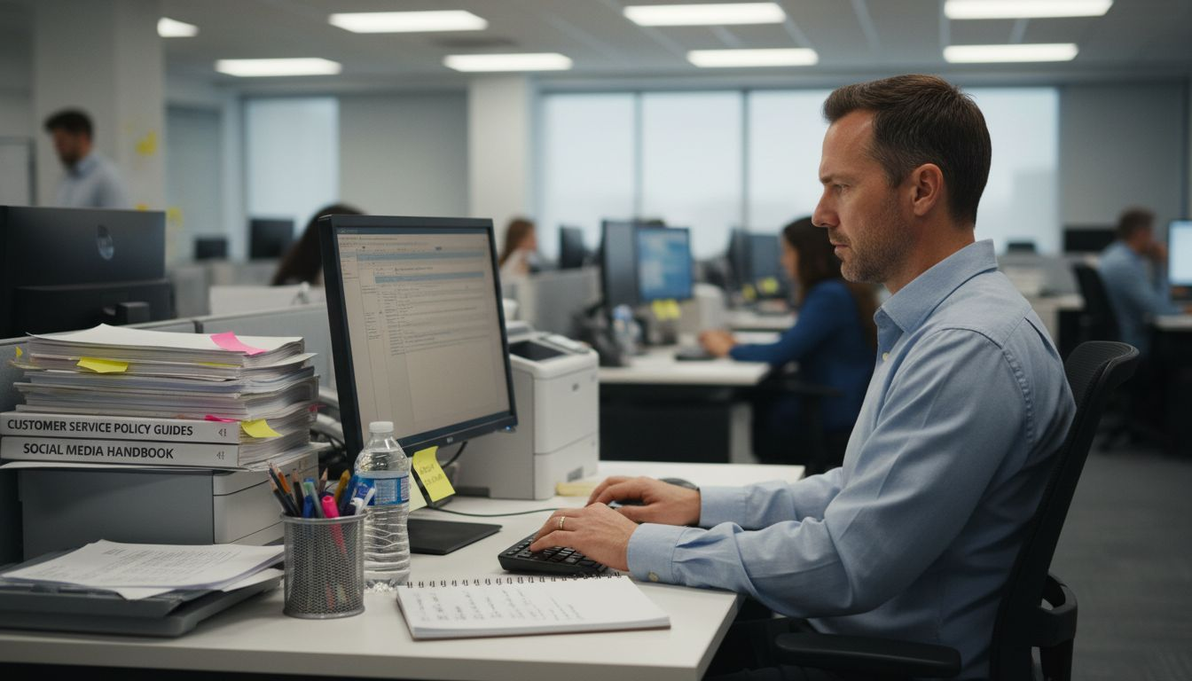 Manager replying to customer reviews at desk