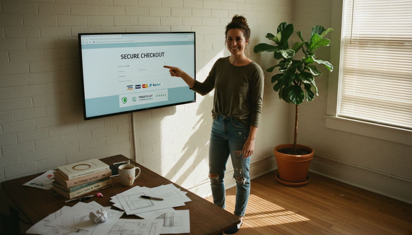 Web designer pointing at trust badge designs