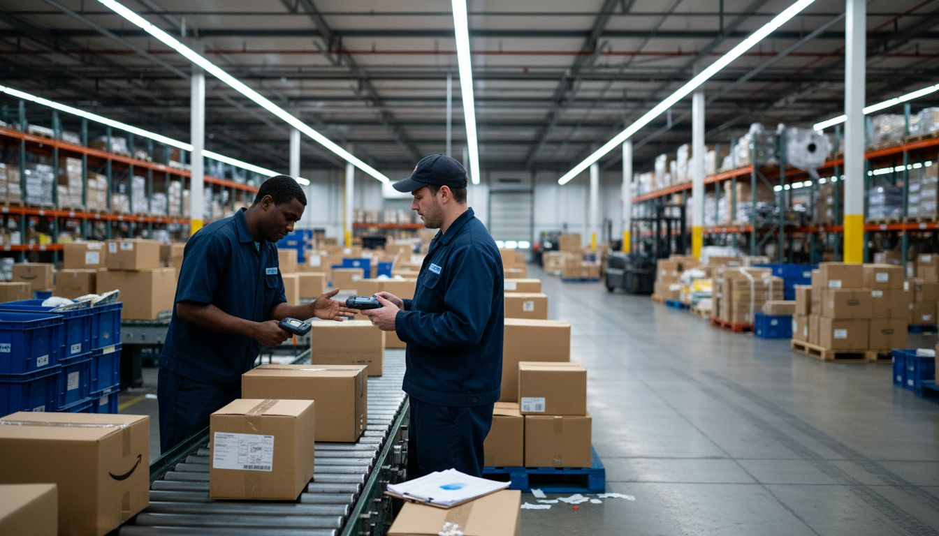 Staff scanning packages in busy warehouse