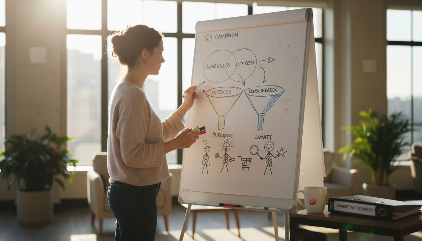Employee drawing sales funnel stages on whiteboard