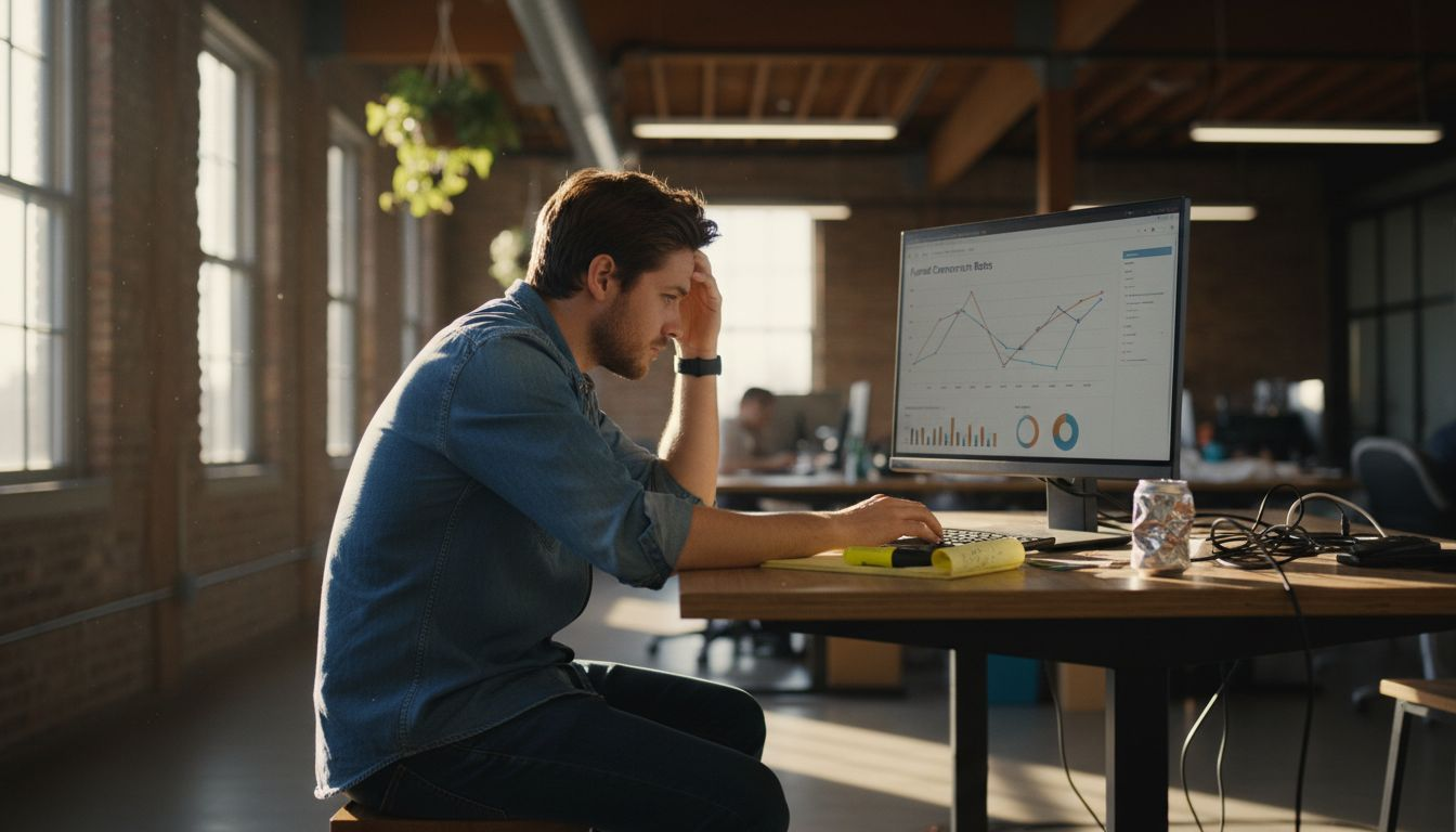 Founder reviews conversion rate dashboard in office