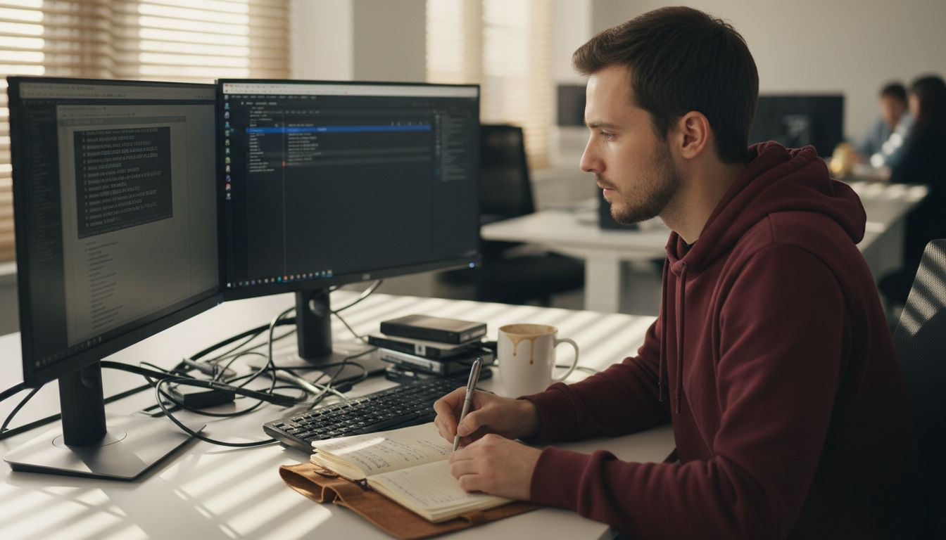 Admin verifying e-commerce backup files at desk