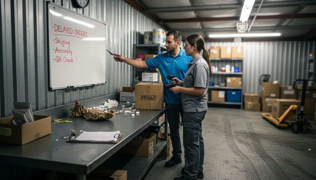 Warehouse staff discussing delayed order bottlenecks
