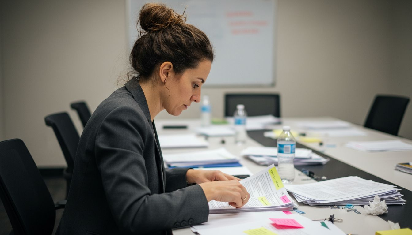 Woman sorting curated articles in meeting room