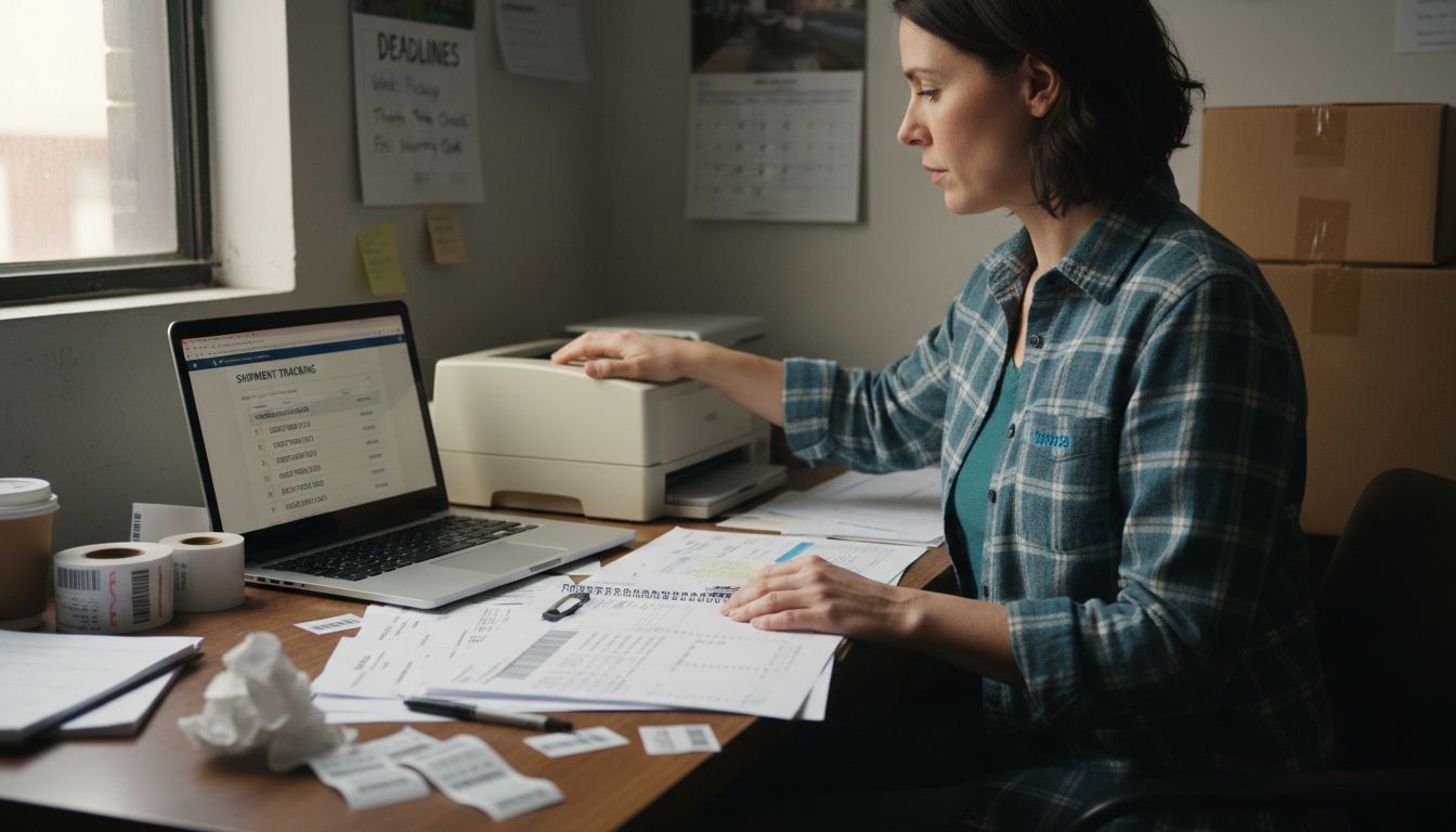 Worker handling export shipping paperwork in office