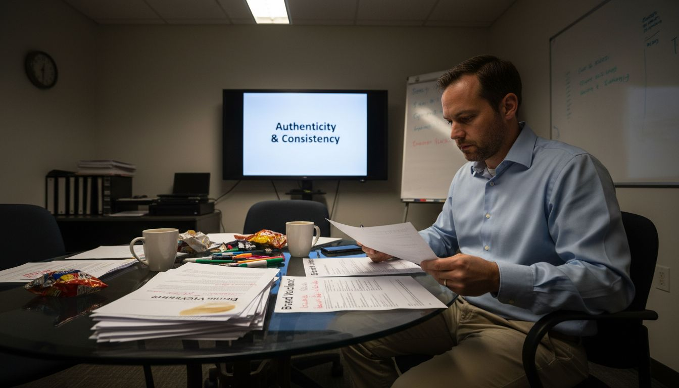 Manager reviewing marketing tone documents