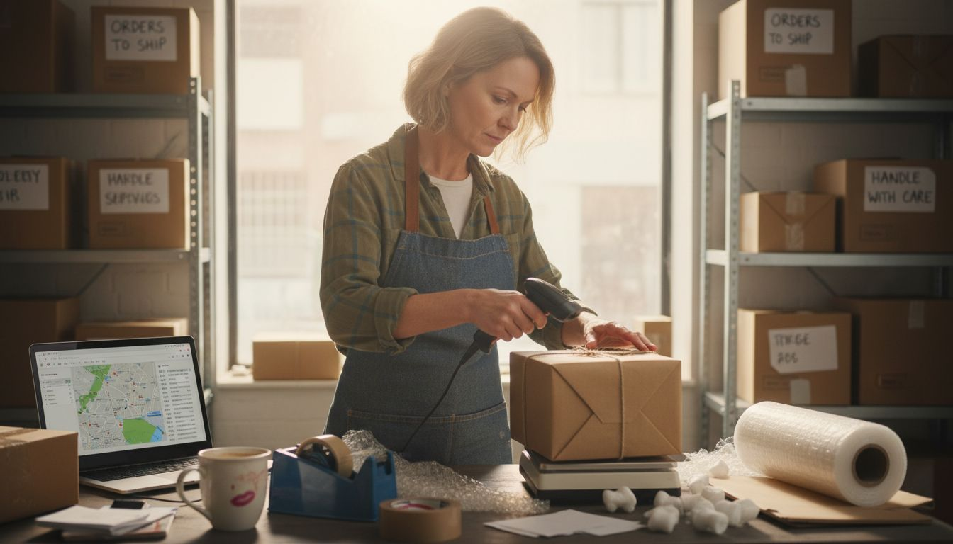 Merchant scanning parcel at shipping station
