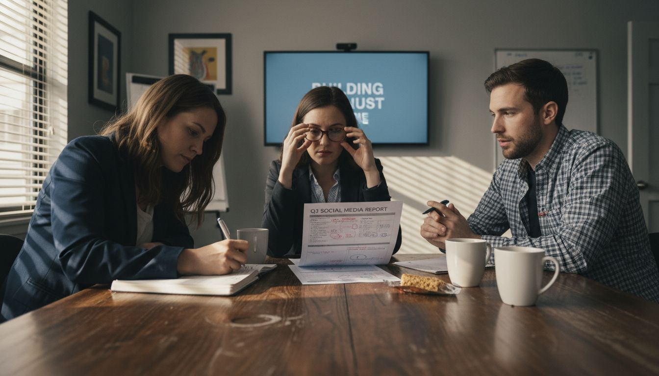 Coworkers discussing authentic brand strategy
