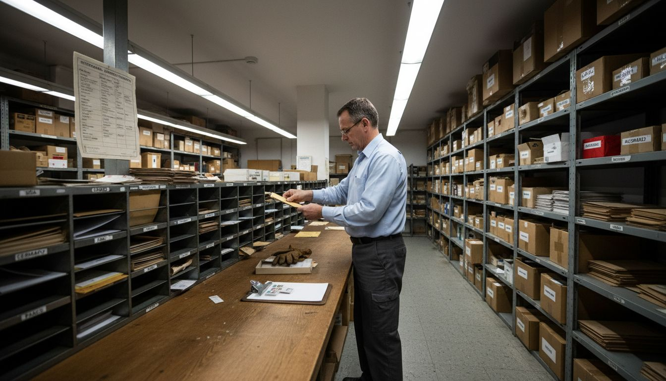 Postal clerk sorting worldwide mail bins