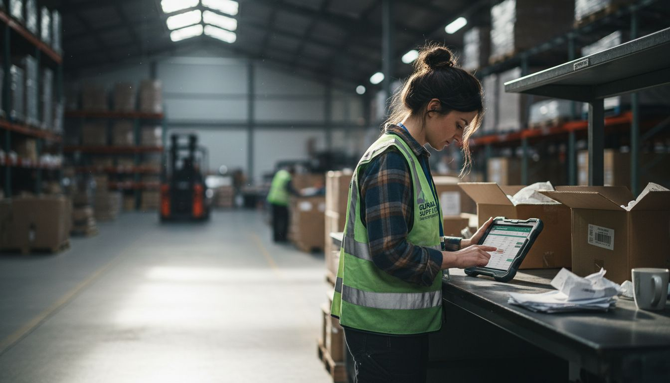 Inventory manager updating stock on warehouse tablet