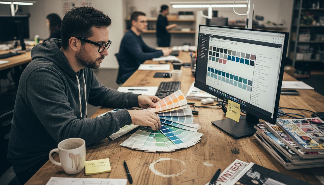 Designer comparing printed website color swatches