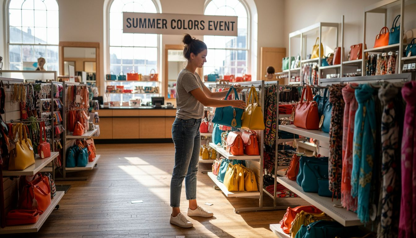 Manager arranges colorful handbags in store
