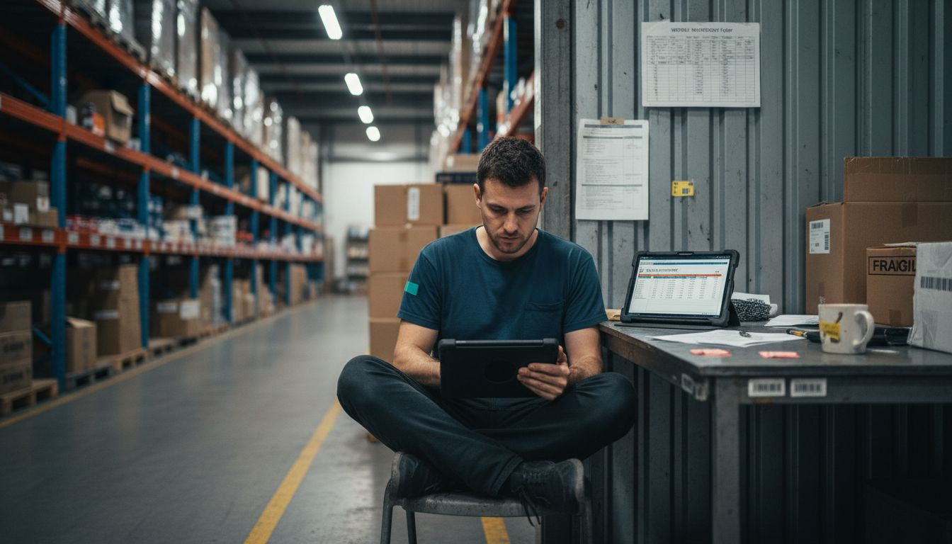 Analyst checking inventory in logistics center