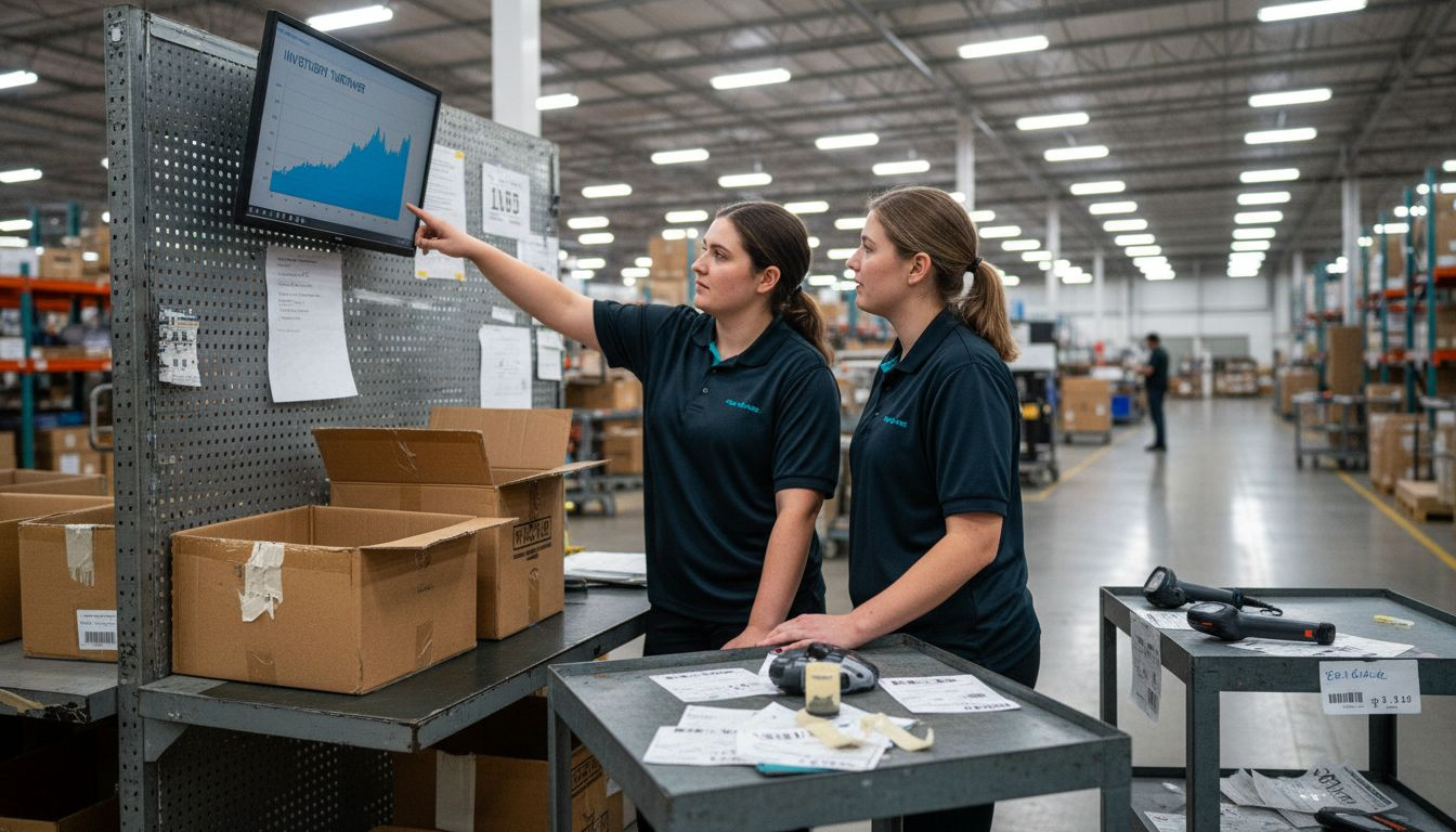 Warehouse team discussing analytic turnover chart