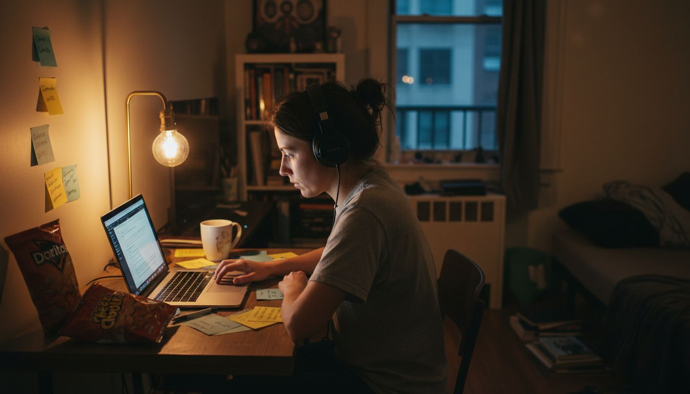 Growth hacker working at cluttered desk