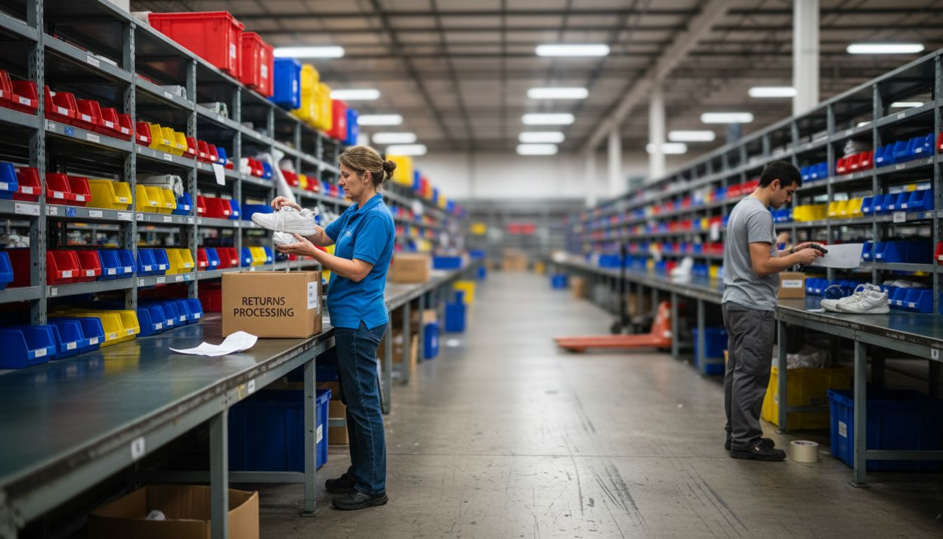 Warehouse workers inspecting returned ecommerce products