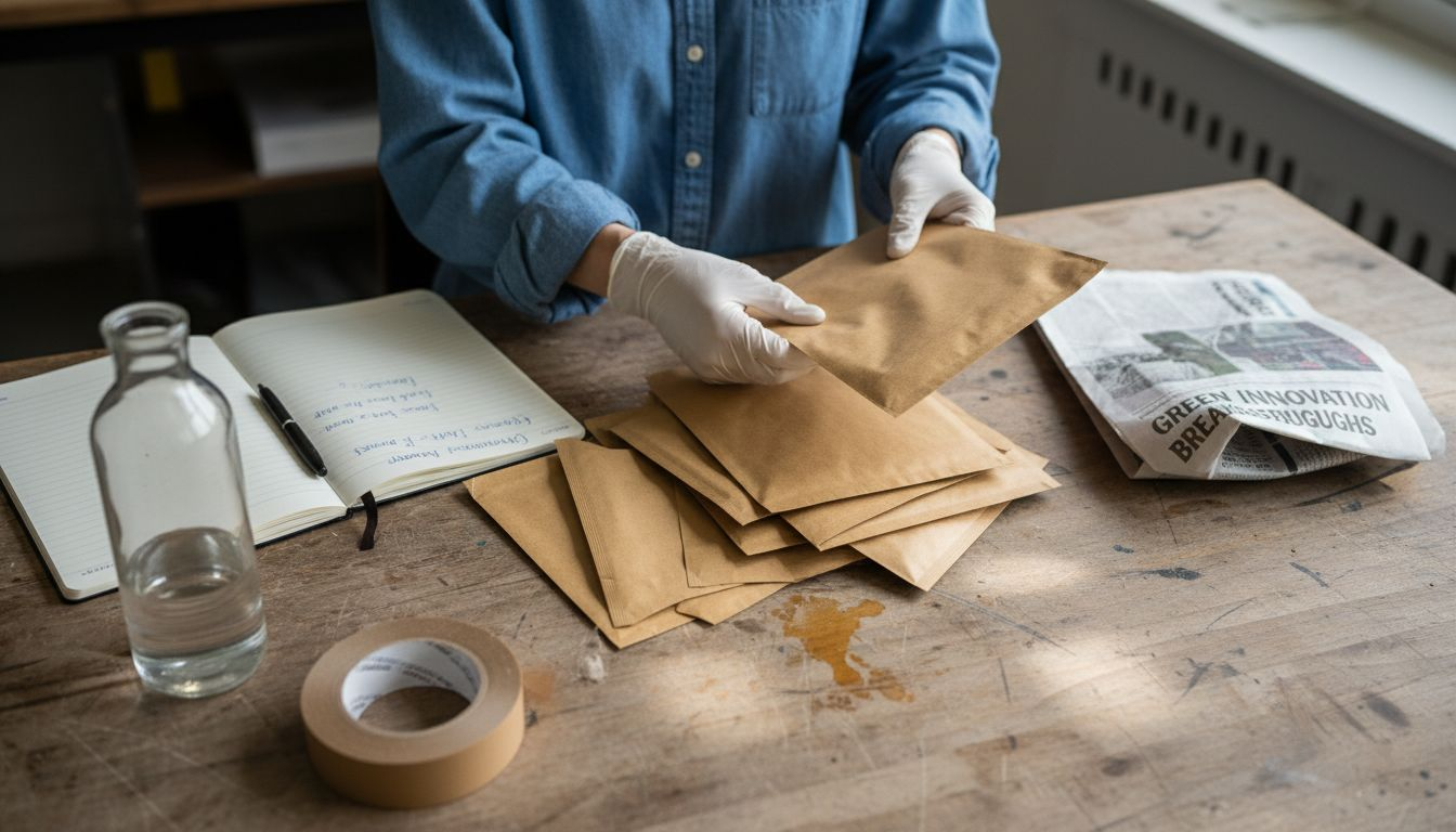 Biodegradable mailer bags and researcher hands