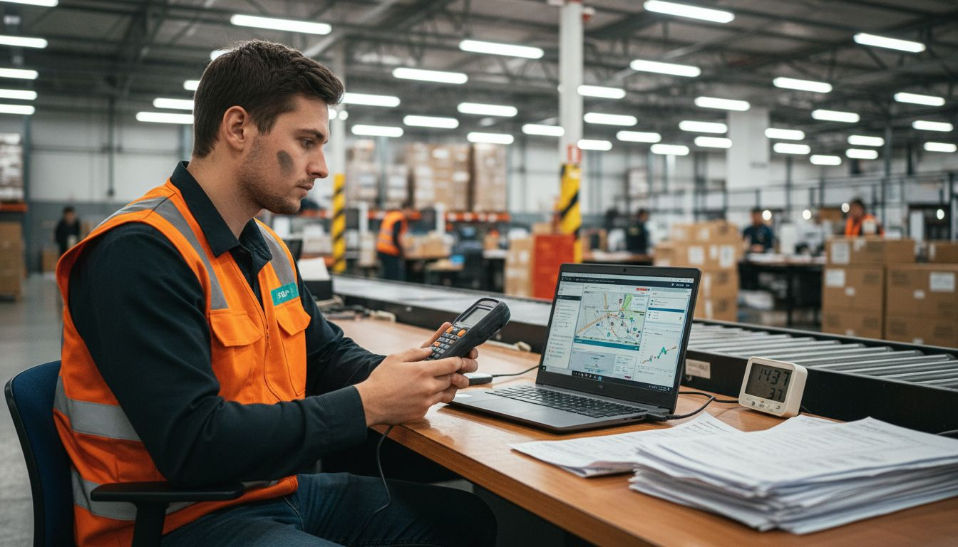 Courier updating route software at workstation