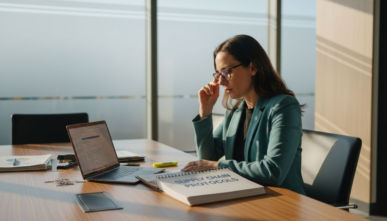 Coordinator reviewing supply chain protocol handbook