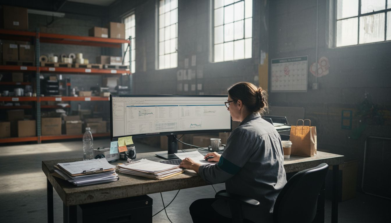 Manager reviewing reports in logistics office
