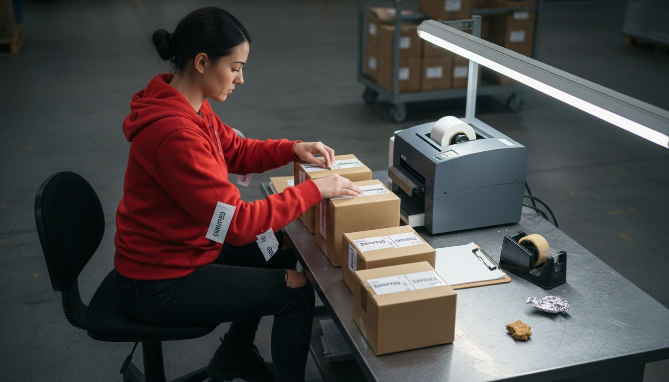 Warehouse worker labeling ecommerce shipping boxes