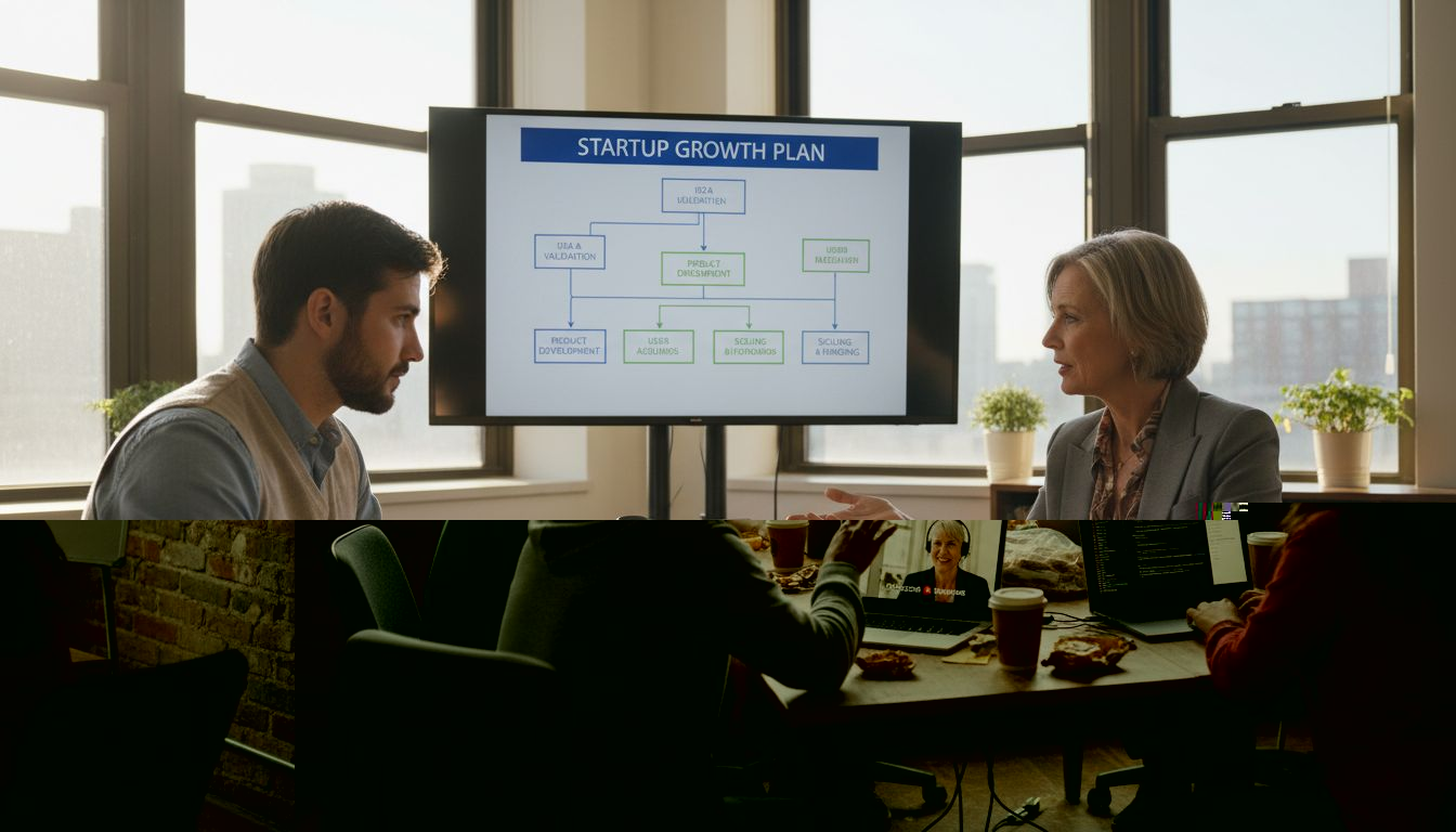 Tech startup team coaching session in workspace