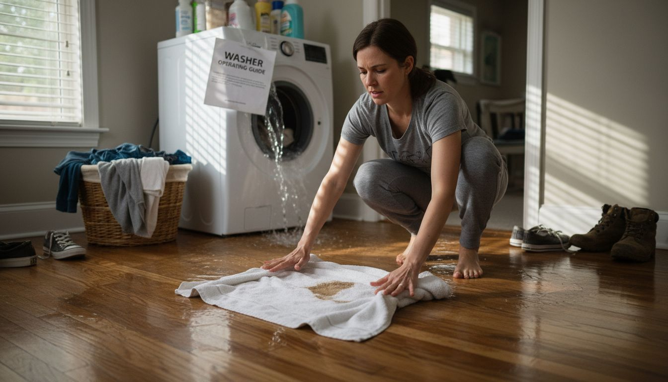 Placing towels on wet floor near laundry machine