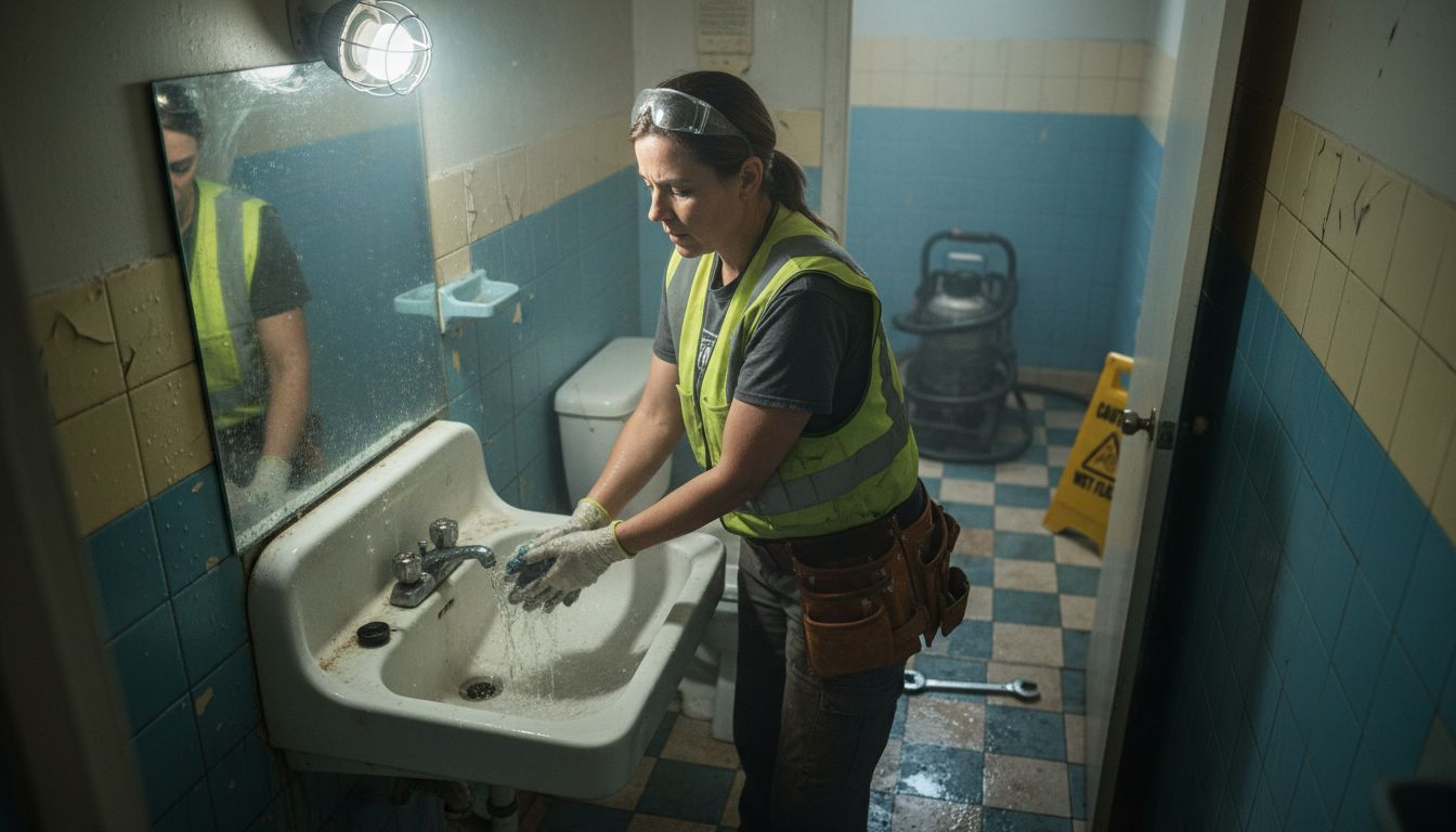 Plumber cleaning up after drain snaking