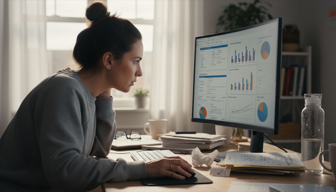 Woman reviews newsletter analytics at desk