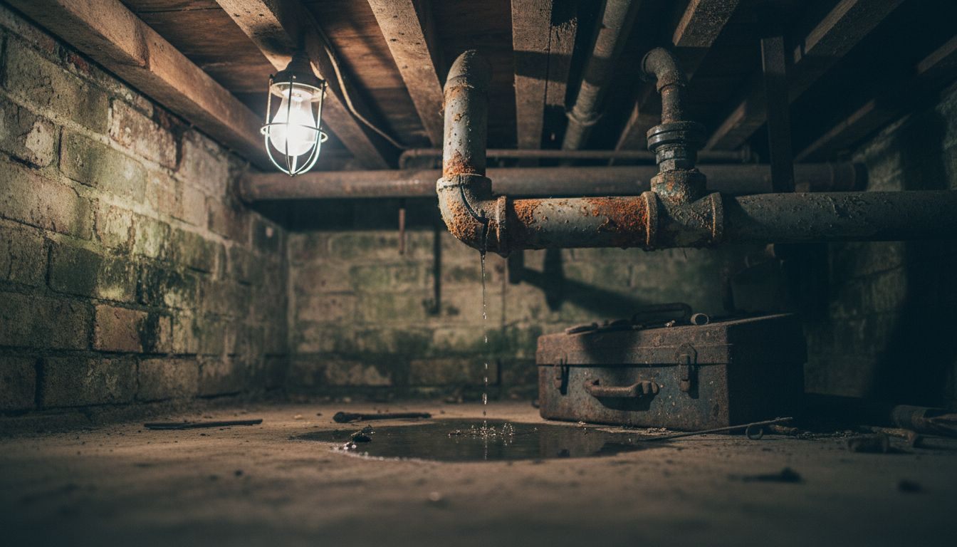 Close-up of leaking, corroded basement pipes
